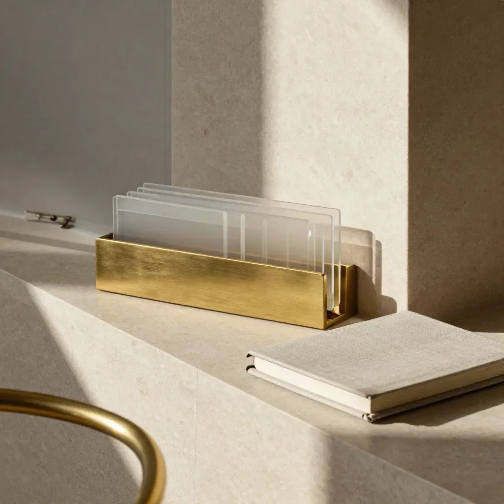 Brass rail met acryl tiles en linnen notitieboek in een travertijnen nis