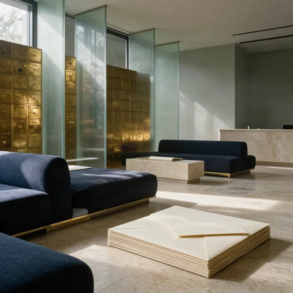 Donkere networking lounge met brass lades, glazen schermen en stenen receptieplint in mistig ochtendlicht.