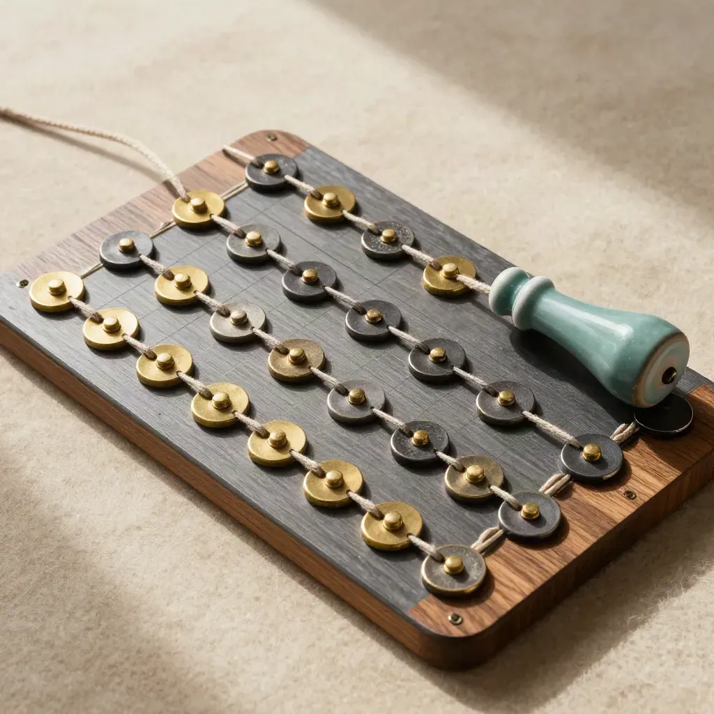 Magnetisch matchmakingbord met messing en leisteen, bovenaanzicht met teal keramisch marker