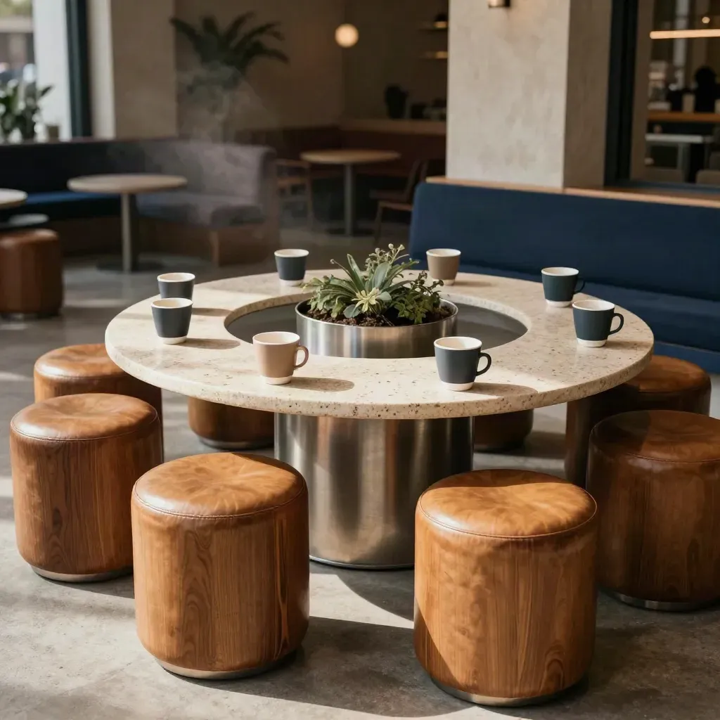 Travertin vergadertafels, leren krukken en koffiekopjes in een stadslocatie.