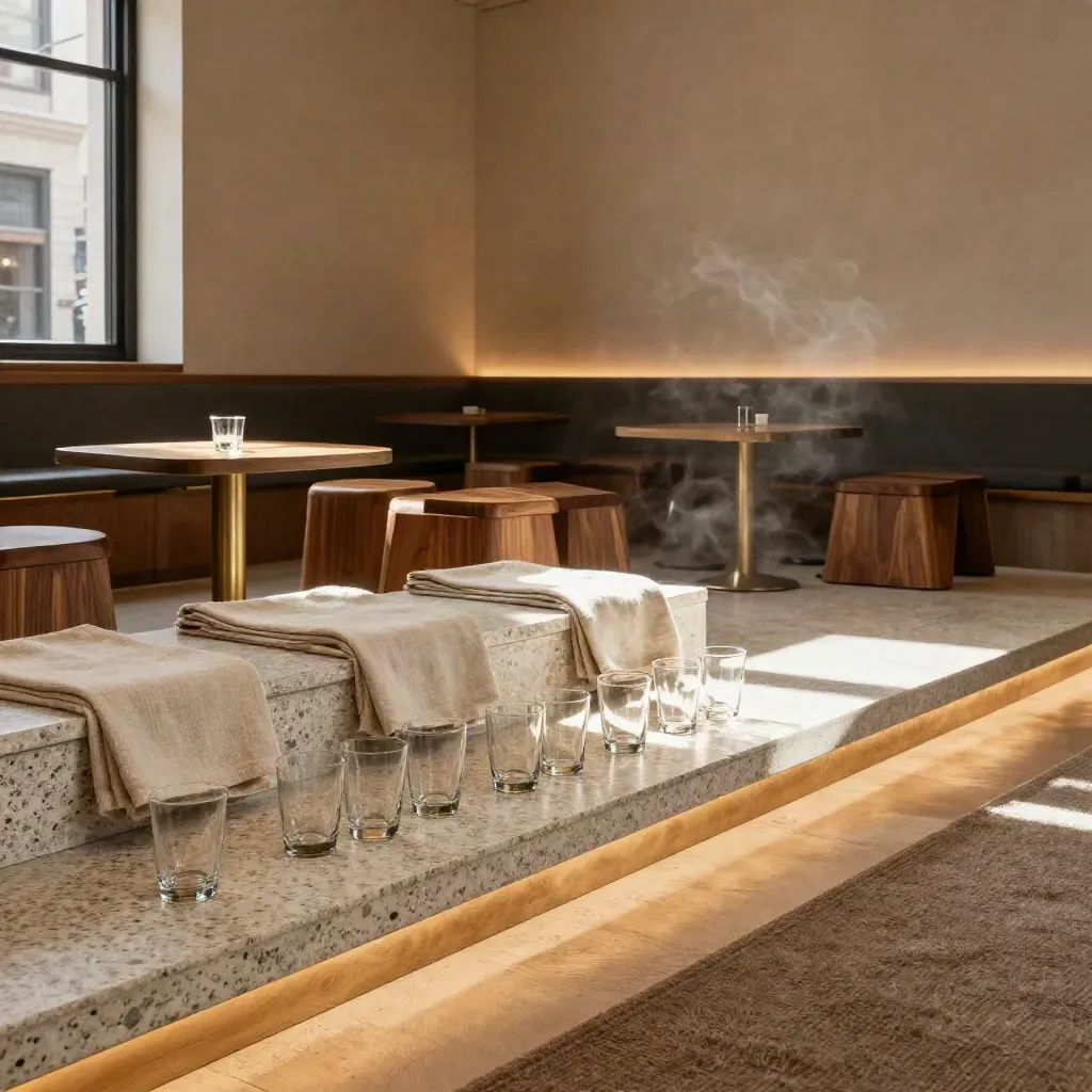 Reset eventlounge met stapel krukken, glazen en linnen op een compact podium.
