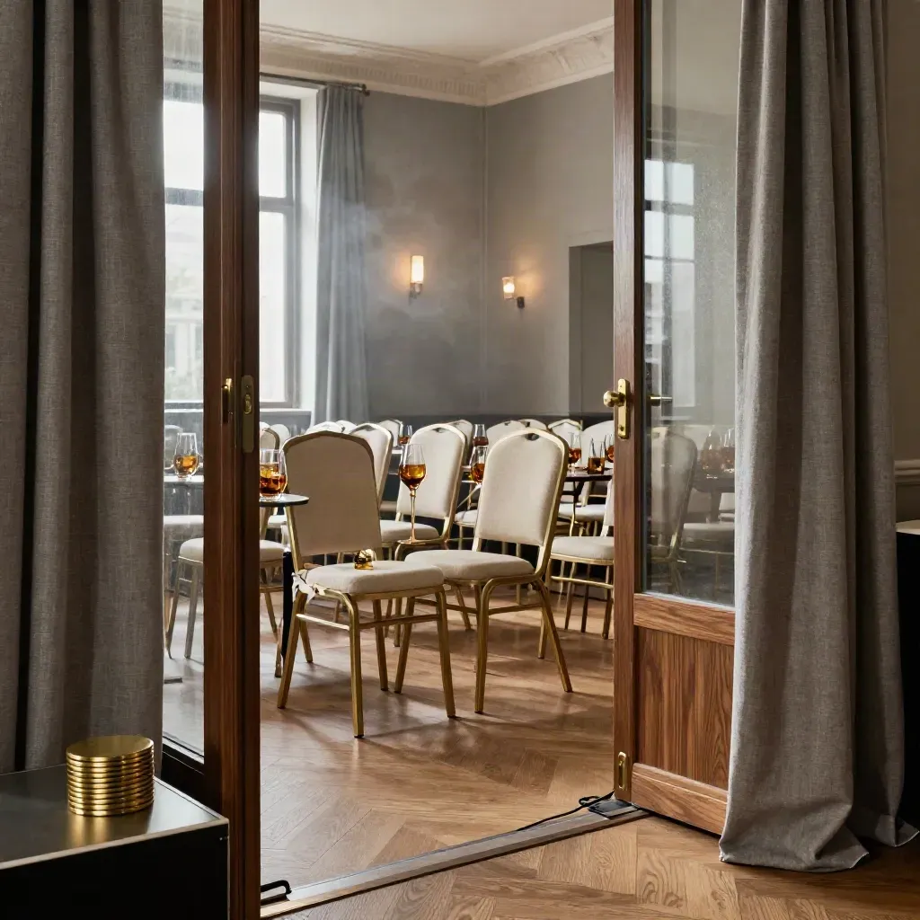 Lege netwerkzaal na een event met stoelen, glazen, coasters en zacht licht