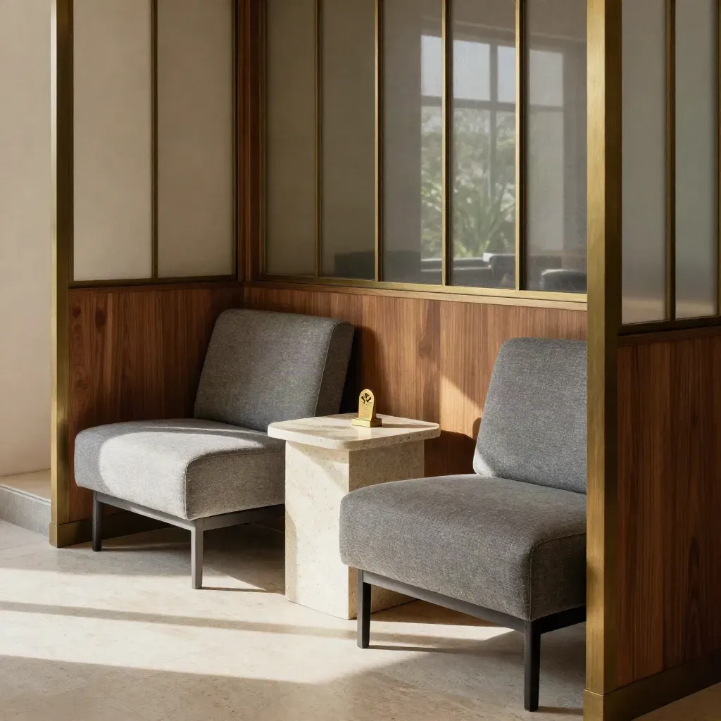 Twee uit elkaar geschoven stoelen in een stille lounge-nis met bronzen token op een stenen tafeltje.