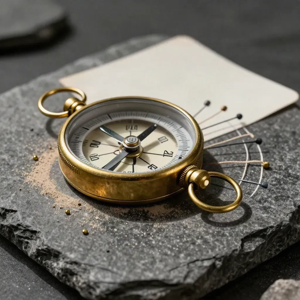 Brass kompas, pins en contactringen op donkere steen met goudkleurige accenten en stof