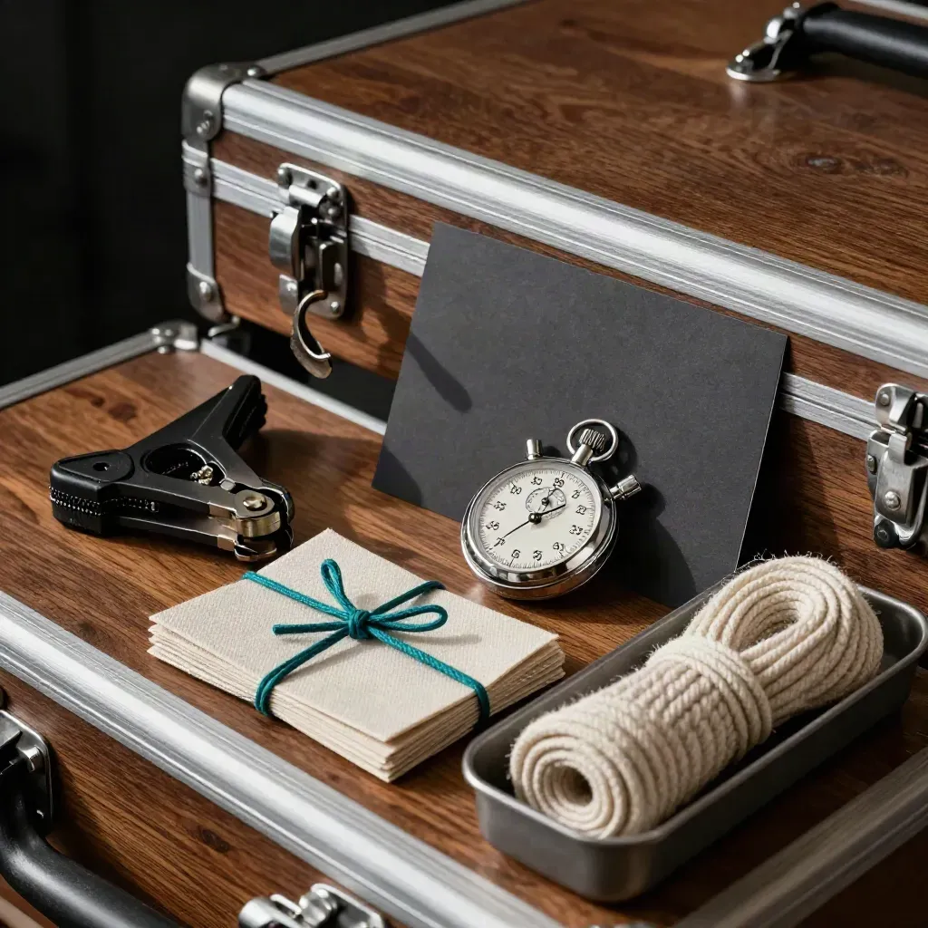 Eventtoolkit met klemmen, stopwatch, zittokens en gevouwen koord op een houten flightcase.