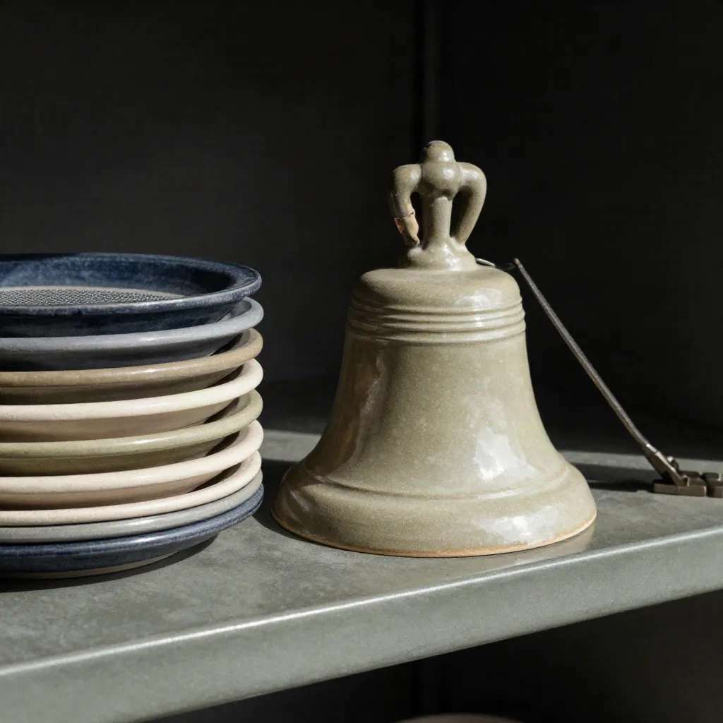 Ceramische bel, notificatieschijven en inboxtrays op een werkbank met zacht sidelight.