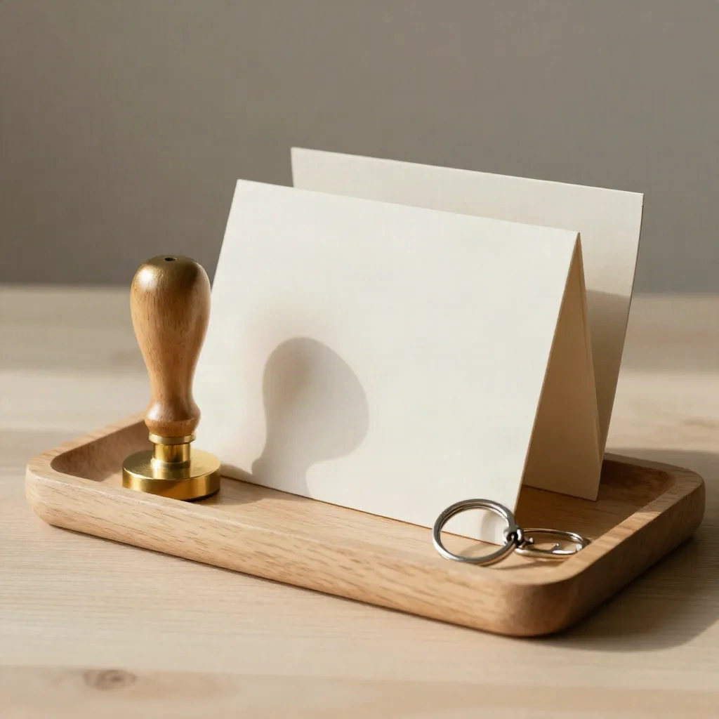 Brass stamp, sleutelring en blanco lidmaatschapskoker in een lichte houten tray.
