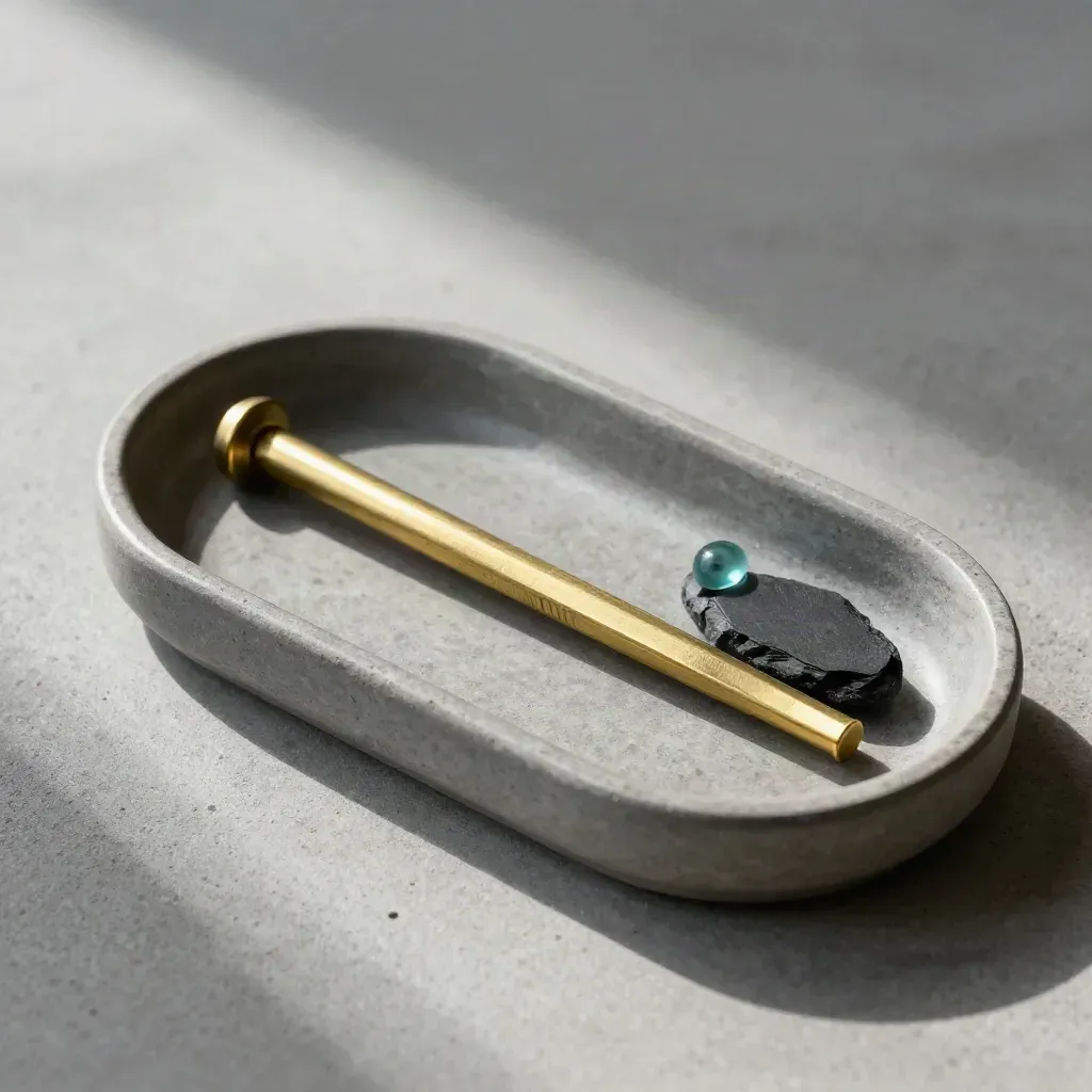 Brass pins en slate token in een split tray op beton, strak en minimalistisch.