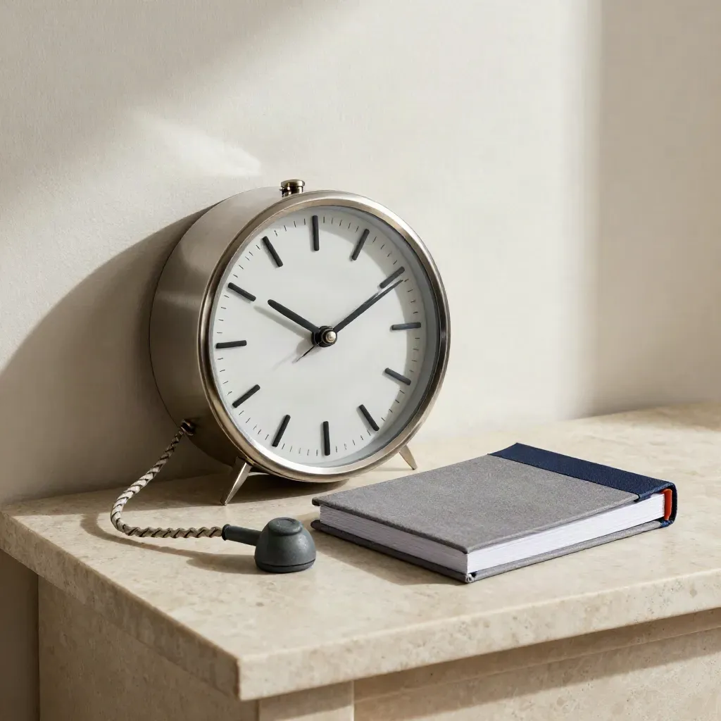 Brushed metalen klok naast vintage handset en gesloten agenda op een lichte stenen plank.
