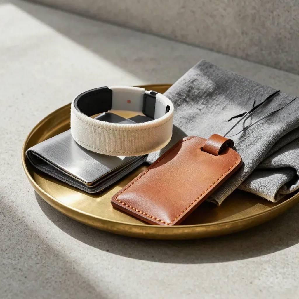Brass tray met eventband, kaartsleeve en tote tag op beton