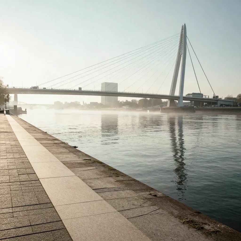 Rotterdamse Maas met Erasmusbrug in ochtendmist, rustig en ruim opgezet.