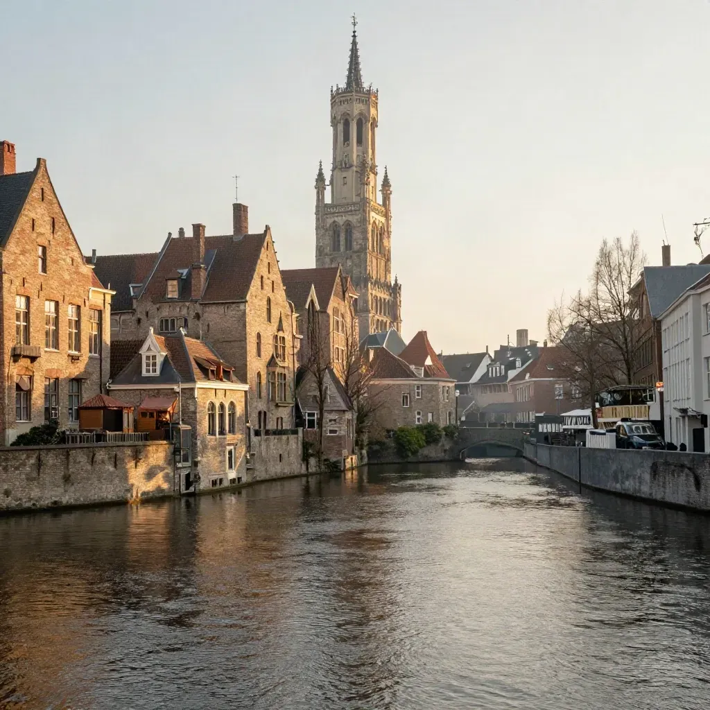 Utrecht met de Domtoren boven een stille gracht en daken in gouden avondlicht