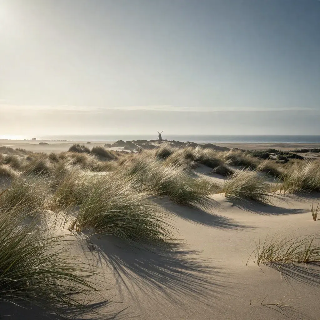 Noord-Hollandse duinen met een verre molen in zeemist en zacht wuivend helmgras.