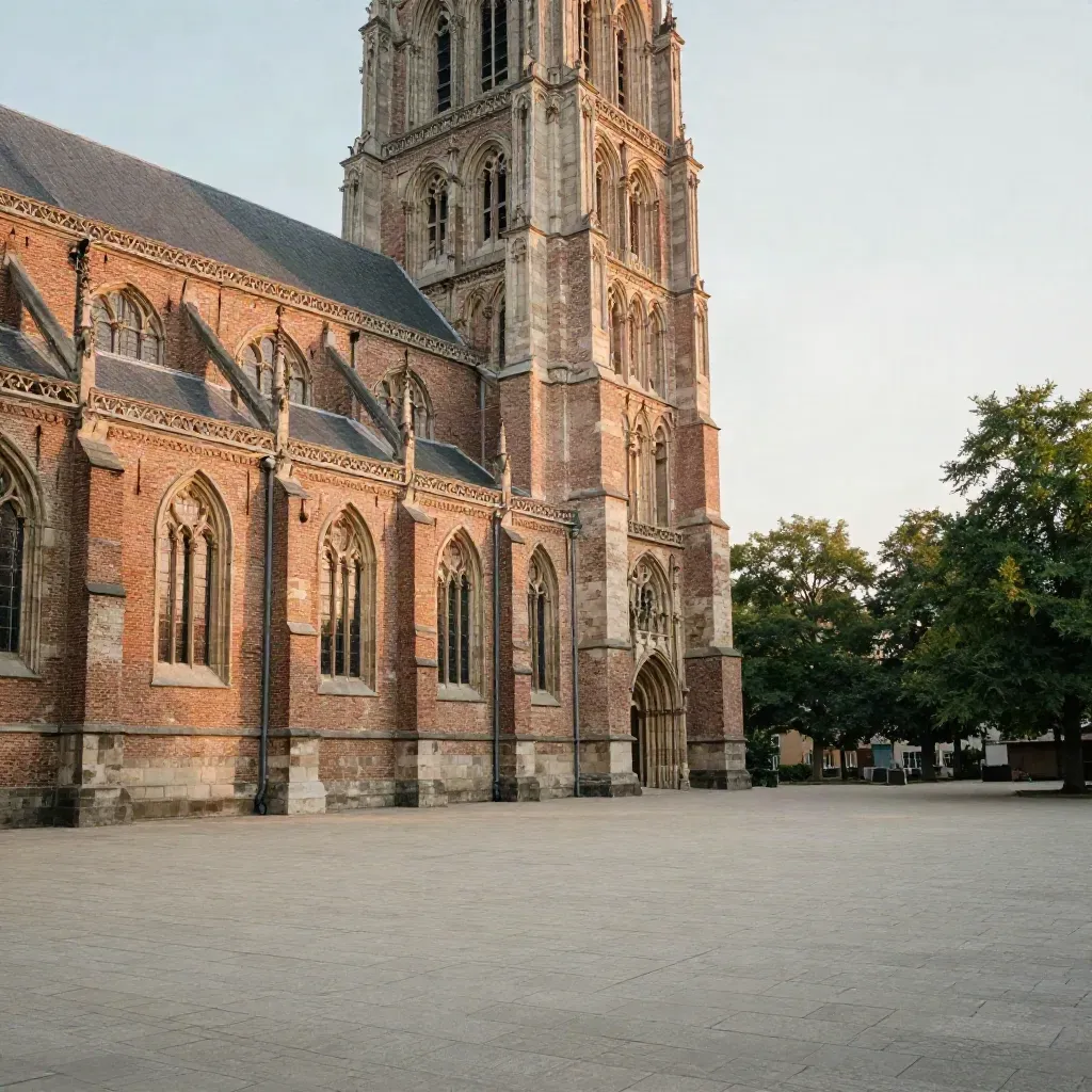 De Grote Kerk van Breda boven een rustige stenen pleinrand in zacht avondlicht